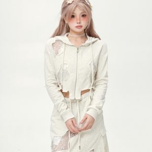 Casual Irregular Lace Patchwork Ripped Short Hooded Jacket & Cropped Skirt Two-Piece Set for Women - Slim Fit Y2K Style