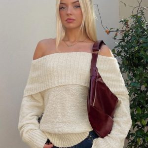 Casual Long Sleeve Knitted Top for Women - Loose Fit, Flip Collar, Hip-Covering, Autumn Style, Mid-Length Knitwear