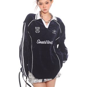 Casual Long Sleeve Polo Sweatshirt for Women - 2025 Early Spring American Street Style, Loose Fit, Sporty Top