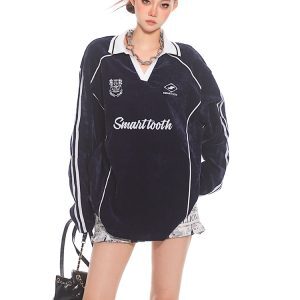 Casual Long Sleeve Polo Sweatshirt for Women - 2025 Early Spring American Street Style, Loose Fit, Sporty Top