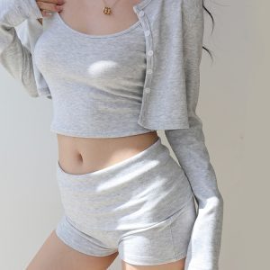 Casual Long Sleeve Vest Cardigan and High Waist Slim Fit Hip-Hugging Shorts Set for Women - Trendy Y2K Style