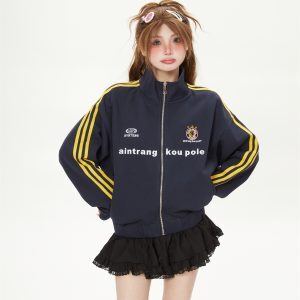 Casual Sea Salt Blue Striped Embroidered Short Cardigan Sweatshirt for Women - Trendy Korean Style Spring Autumn Jacket