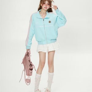 Casual Sea Salt Blue Striped Embroidered Short Cardigan Sweatshirt for Women - Trendy Korean Style Spring Autumn Jacket