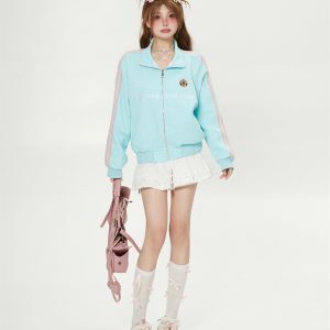 Casual Sea Salt Blue Striped Embroidered Short Cardigan Sweatshirt for Women - Trendy Korean Style Spring Autumn Jacket