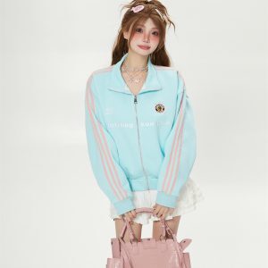 Casual Sea Salt Blue Striped Embroidered Short Cardigan Sweatshirt for Women - Trendy Korean Style Spring Autumn Jacket