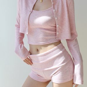 Casual Three-Piece Set for Young Girls - Comfortable Cardigan, Inner Layer Camisole, and Shorts - Perfect for Home Relaxation
