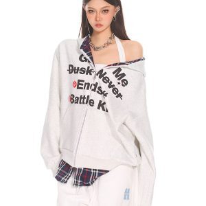 Casual Women's Zip-Up Jacket - American Style Plaid Spliced Two-Piece Sweatshirt Cardigan for Autumn Fashion