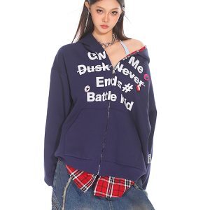 Casual Women's Zip-Up Jacket - American Style Plaid Spliced Two-Piece Sweatshirt Cardigan for Autumn Fashion