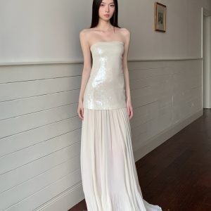 Celebrity-Inspired Strapless Sequin Long Dress with Tulle Skirt - Feminine Floor-Length Summer Beach Vacation Bodycon Style