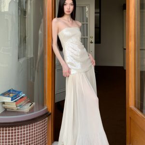 Celebrity-Inspired Strapless Sequin Long Dress with Tulle Skirt - Feminine Floor-Length Summer Beach Vacation Bodycon Style