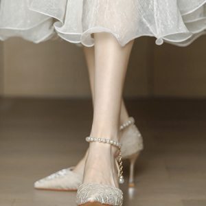 Champagne Open-Toe High Heels with One-Strap Pearl Design for Weddings & Bridesmaids, Summer 2025, Daily Wear, Elegant Style