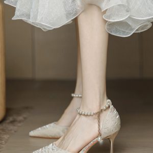 Champagne Open-Toe High Heels with One-Strap Pearl Design for Weddings & Bridesmaids, Summer 2025, Daily Wear, Elegant Style