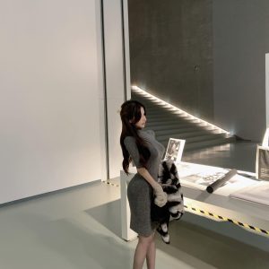 Charcoal Gray Half-High Neck Slim Fit Knitted Bodycon Skirt - Trendy Y2K Fashion Essential for Effortless Style