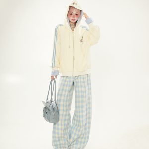Charming Peach Cat Embroidery Hoodie Cardigan for Women - Spring Autumn Fake Two-Piece Coat, Cute and Stylish
