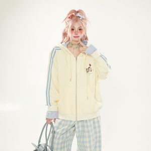 Charming Peach Cat Embroidery Hoodie Cardigan for Women - Spring Autumn Fake Two-Piece Coat, Cute and Stylish