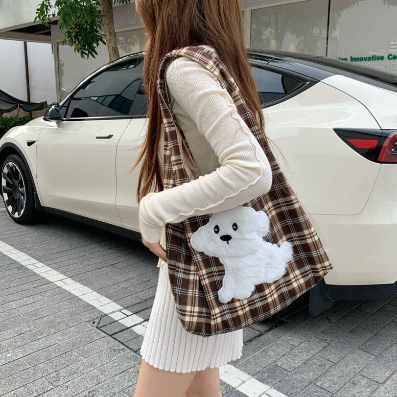 Checkered Puppy Shoulder Bag - Large Capacity Canvas Tote, Retro Korean Style Commuting Bag for Girls