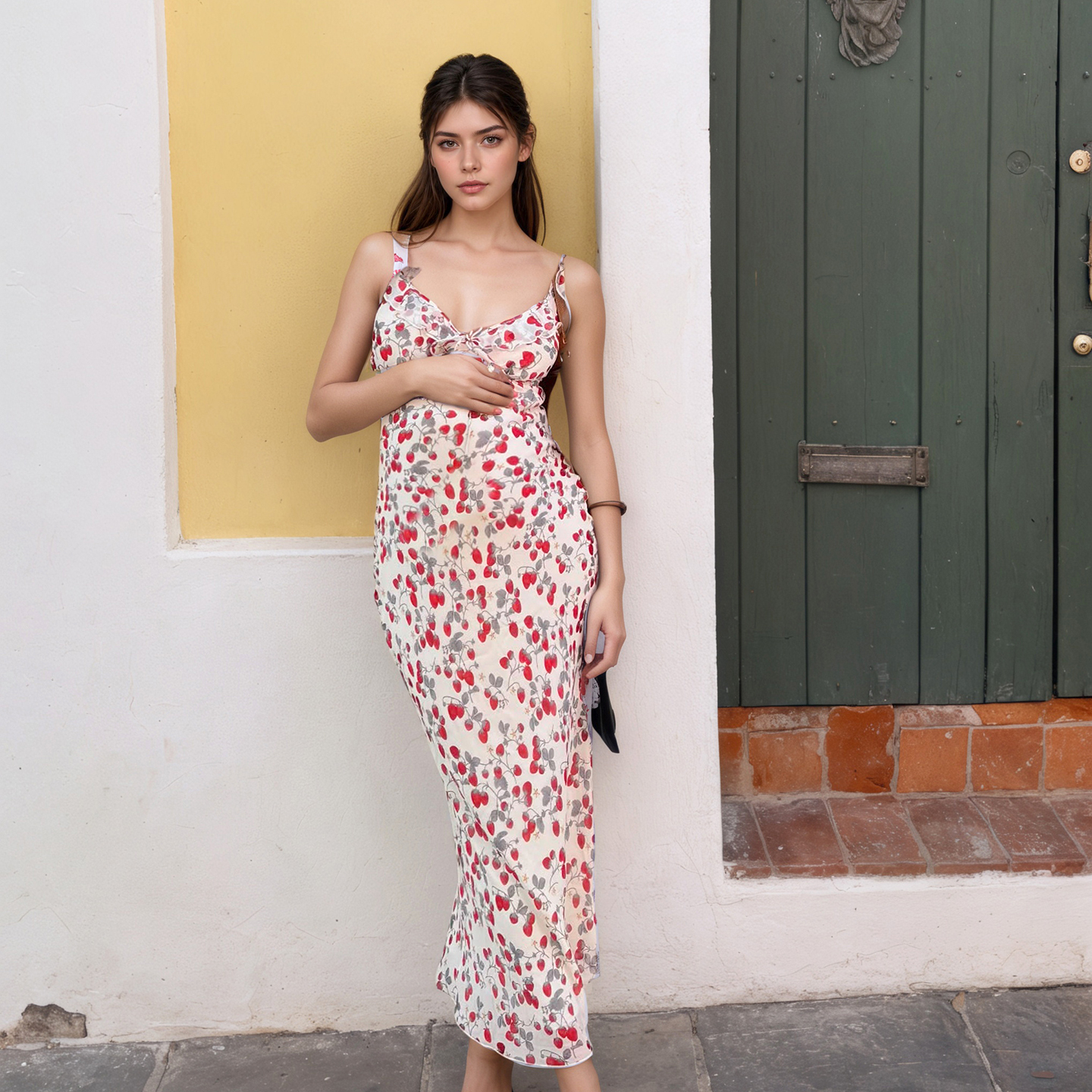 Cherry Print Ruffled Collar Dress - Vintage Waist-Cinching Slimming Long Dress for a Romantic European American Style