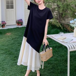 Chic Black T-Shirt Dress for Women - Summer Casual Spliced Fishtail Long Skirt, Relaxed Fit, Unique & Stylish