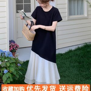 Chic Black T-Shirt Dress for Women - Summer Casual Spliced Fishtail Long Skirt, Relaxed Fit, Unique & Stylish