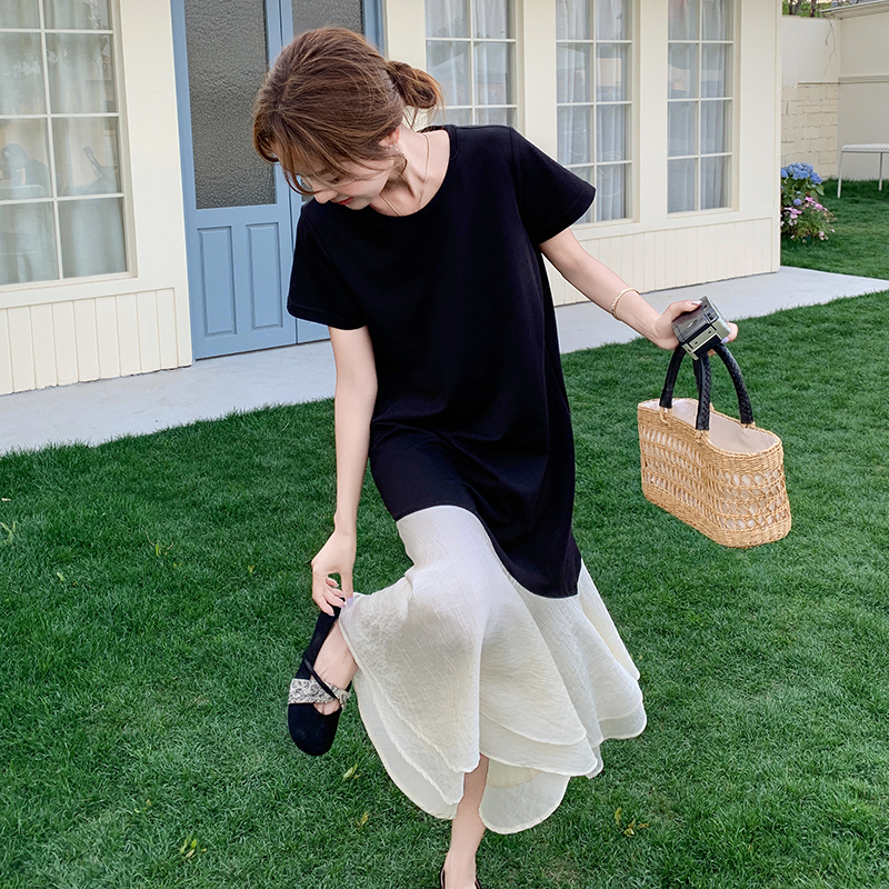 Chic Black T-Shirt Dress for Women - Summer Casual Spliced Fishtail Long Skirt, Relaxed Fit, Unique & Stylish