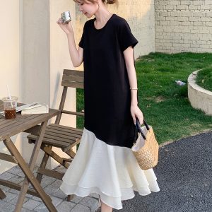 Chic Black T-Shirt Dress for Women - Summer Casual Spliced Fishtail Long Skirt, Relaxed Fit, Unique & Stylish