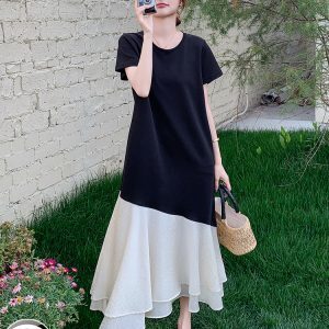 Chic Black T-Shirt Dress for Women - Summer Casual Spliced Fishtail Long Skirt, Relaxed Fit, Unique & Stylish
