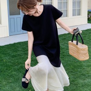 Chic Black T-Shirt Dress for Women - Summer Casual Spliced Fishtail Long Skirt, Relaxed Fit, Unique & Stylish