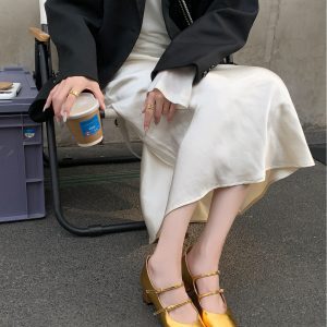 Chic Double-Breasted Silver Mary Jane Shoes for Women - Round Toe, Chunky Heel, High-End Ins-style, Sheepskin, Romantic Escape Fashion