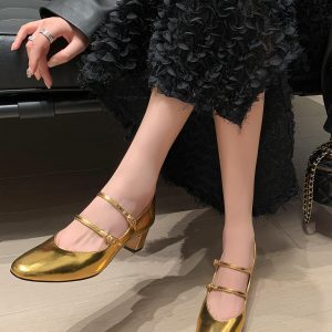 Chic Double-Breasted Silver Mary Jane Shoes for Women - Round Toe, Chunky Heel, High-End Ins-style, Sheepskin, Romantic Escape Fashion