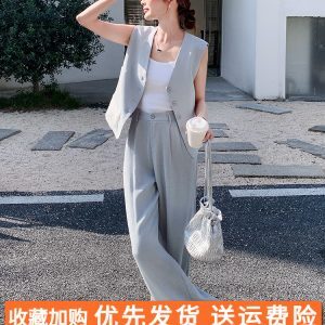 Chic High-End Women's Summer 2025 Two-Piece Suit Set with Vest and Wide-Leg Pants - Casual Professional Outfit