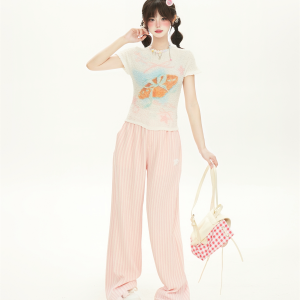 Chic Pink Printed High-Elastic Slim Short-Sleeve T-Shirt for Women with Ruffled Edges - Perfect Summer Top for Sweet Girl Style