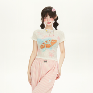 Chic Pink Printed High-Elastic Slim Short-Sleeve T-Shirt for Women with Ruffled Edges - Perfect Summer Top for Sweet Girl Style