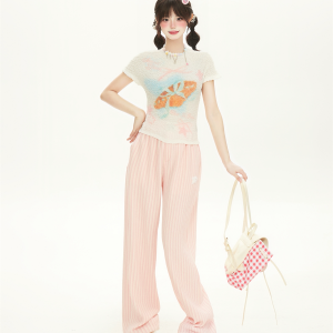 Chic Pink Printed High-Elastic Slim Short-Sleeve T-Shirt for Women with Ruffled Edges - Perfect Summer Top for Sweet Girl Style