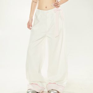 Chic White Wide-Leg Pants for Women with Sweet Pink Checkered Cuffs and Bow Embroidery, Korean Style, Tie-Up Design, Versatile Fashion