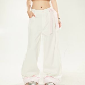 Chic White Wide-Leg Pants for Women with Sweet Pink Checkered Cuffs and Bow Embroidery, Korean Style, Tie-Up Design, Versatile Fashion