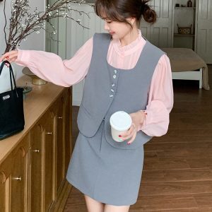 Chic Women's Fragrant Wind Vest Set - 2025 Spring Autumn High-End Shirt & Short Skirt Three-Piece Outfit