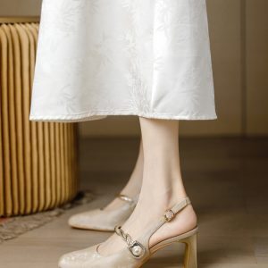 Chinese Retro Qipao Mary Jane Sandals for Women, Chunky Heel Closed Toe Shoes, Summer 2025 National Style
