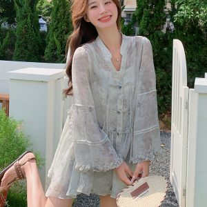 Chinese-Style Chiffon Sun Protection Two-Piece Shorts Set for Women, Relaxed Fit Summer Fashion, Unique Lightweight Outfit