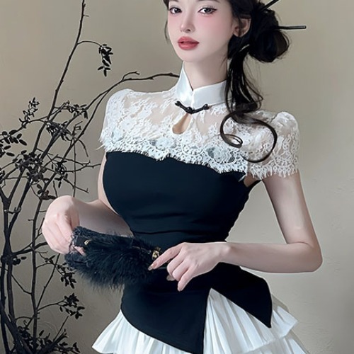 Chinese Style Lace Qipao Top with Pleated Skirt - National Wind Spa Technician Work Uniform, Elegant Foot Therapy Outfit