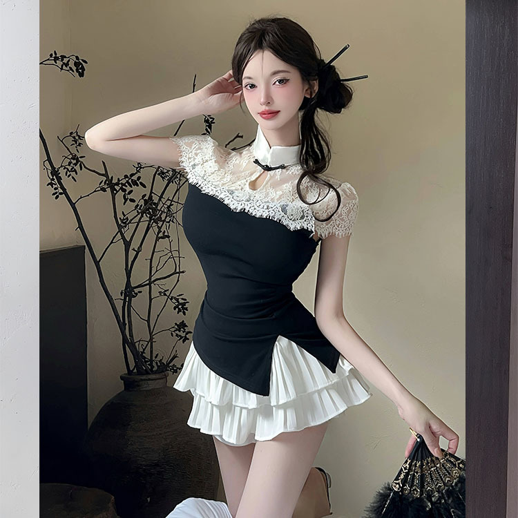 Chinese Style Lace Qipao Top with Pleated Skirt - National Wind Spa Technician Work Uniform, Elegant Foot Therapy Outfit