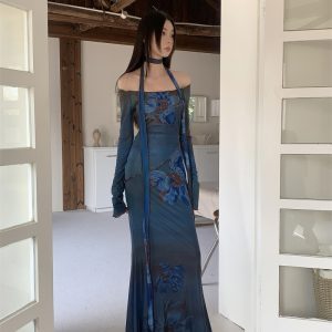 Chinese-Style Printed Mesh One-Shoulder Dress for Women - Spring Waist-Cinching Body-Hugging Mermaid Skirt, Chic and Charming