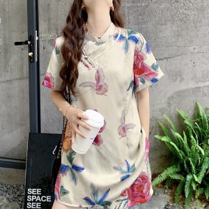 Chinese-Style Printed Satin Qipao Dress Set for Women - Summer Old Money Aesthetic Two-Piece Outfit with Shorts
