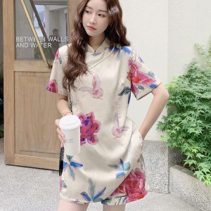 Chinese-Style Printed Satin Qipao Dress Set for Women - Summer Old Money Aesthetic Two-Piece Outfit with Shorts