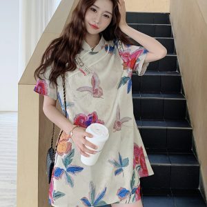 Chinese-Style Printed Satin Qipao Dress Set for Women - Summer Old Money Aesthetic Two-Piece Outfit with Shorts