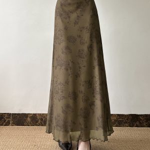 Chinese-Style Retro Floral Printed Brown Midi Skirt for Women, Simple Versatile Tulle A-line Long Skirt, Y2K Fashion Essential