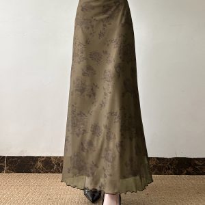 Chinese-Style Retro Floral Printed Brown Midi Skirt for Women, Simple Versatile Tulle A-line Long Skirt, Y2K Fashion Essential