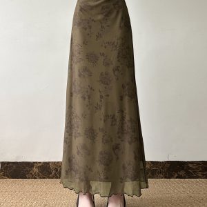 Chinese-Style Retro Floral Printed Brown Midi Skirt for Women, Simple Versatile Tulle A-line Long Skirt, Y2K Fashion Essential