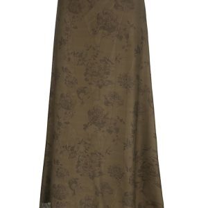 Chinese-Style Retro Floral Printed Brown Midi Skirt for Women, Simple Versatile Tulle A-line Long Skirt, Y2K Fashion Essential