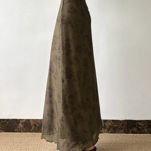 Chinese-Style Retro Floral Printed Brown Midi Skirt for Women, Simple Versatile Tulle A-line Long Skirt, Y2K Fashion Essential