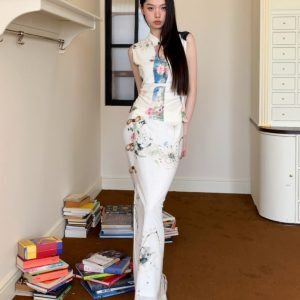 Chinese-Style Retro Mesh Printed Cheongsam Set for Women - Summer Vest Top with Split Skirt - Y2K Fashion